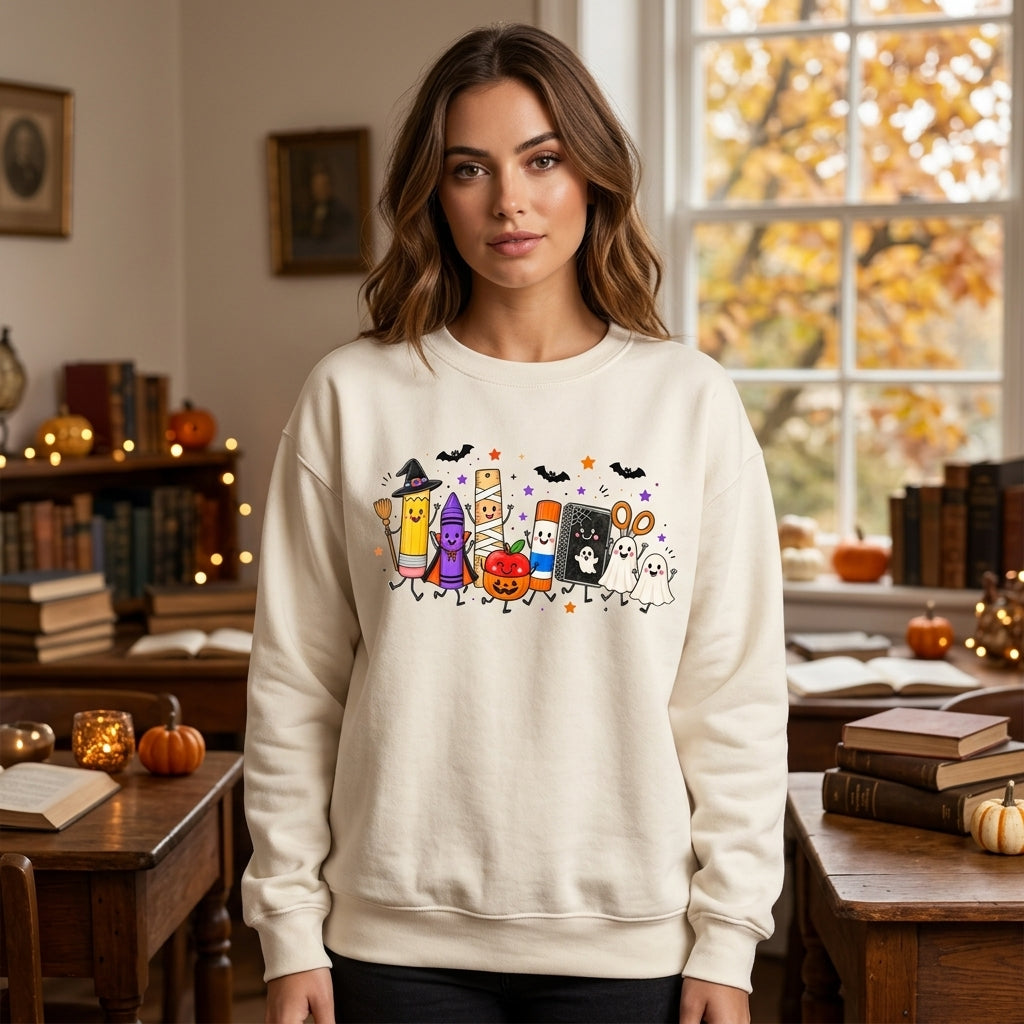 Halloween School Supplies Shirt Cute Spooky Pencil T-shirt Sweatshirt Hoodie – Teacher Gift - mockup 2