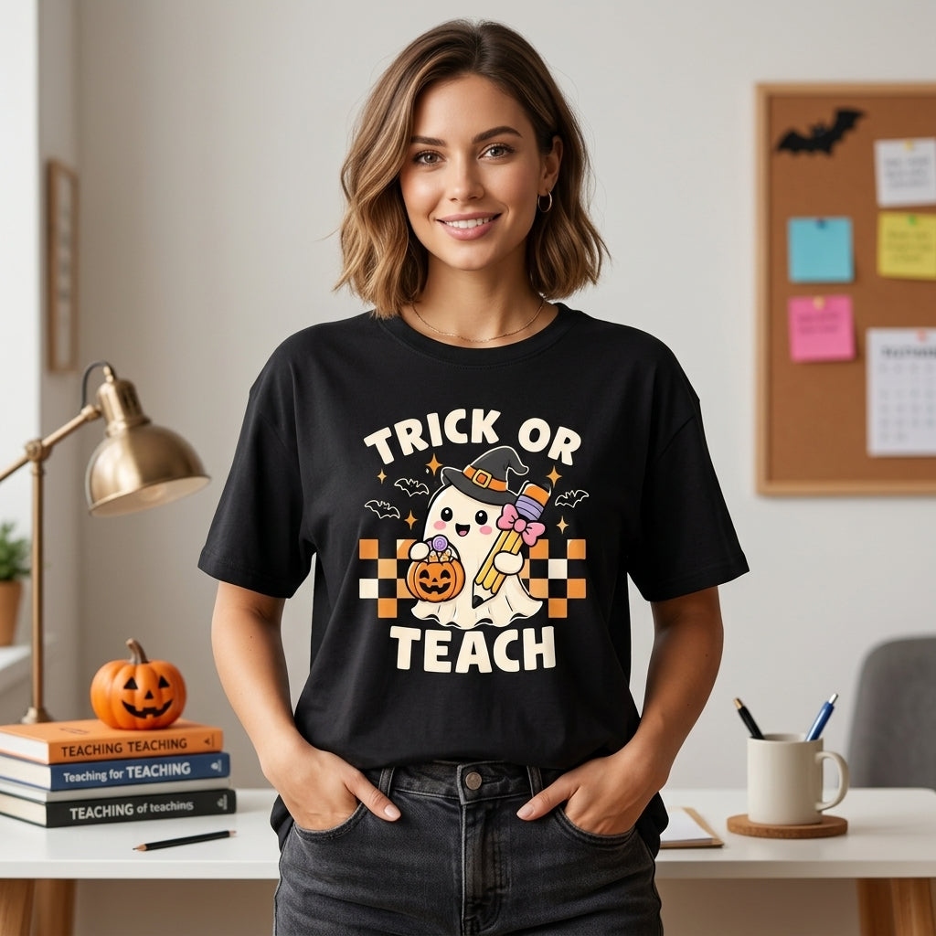 Retro Trick or Teach Ghost Halloween T-shirt Sweatshirt Hoodie – Teacher Gift - mockup 1