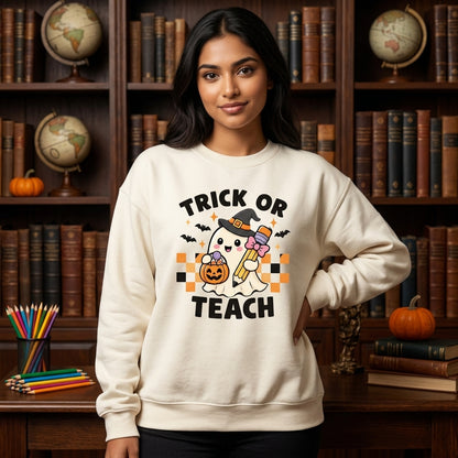 Retro Trick or Teach Ghost Halloween T-shirt Sweatshirt Hoodie – Teacher Gift - mockup 2