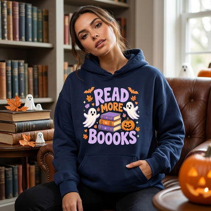 Halloween Read More Boooks Ghost Bookish T-shirt Sweatshirt Hoodie for Teachers & Librarians - mockup 3