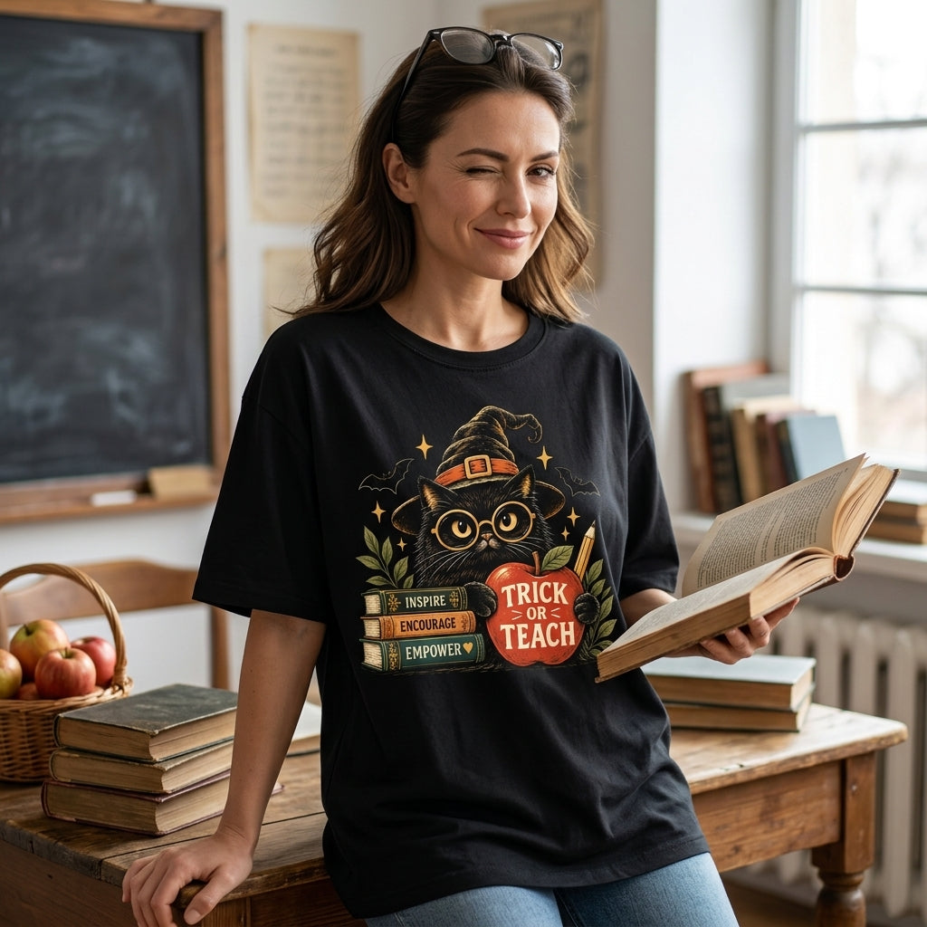 Trick or Teach Black Cat Halloween T-shirt Sweatshirt Hoodie – Spooky Teacher Gift - mockup 1