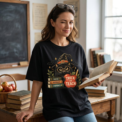 Trick or Teach Black Cat Halloween T-shirt Sweatshirt Hoodie – Spooky Teacher Gift - mockup 1