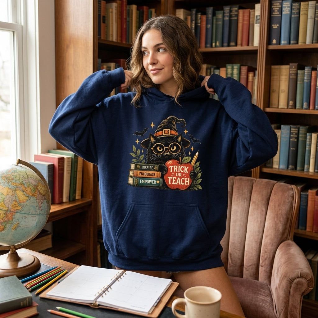 Trick or Teach Black Cat Halloween T-shirt Sweatshirt Hoodie – Spooky Teacher Gift - mockup 3