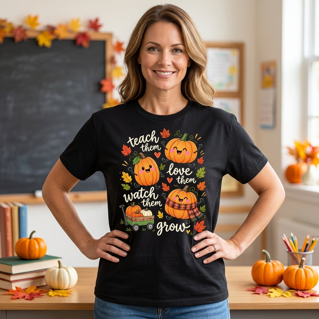 Teach Them Love Them Watch Them Grow Pumpkin T-shirt Sweatshirt Hoodie – Autumn Teacher Gift - mockup 1