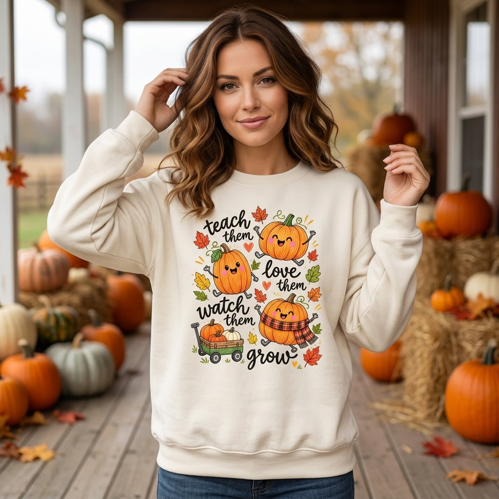 Teach Them Love Them Watch Them Grow Pumpkin T-shirt Sweatshirt Hoodie – Autumn Teacher Gift - mockup 2