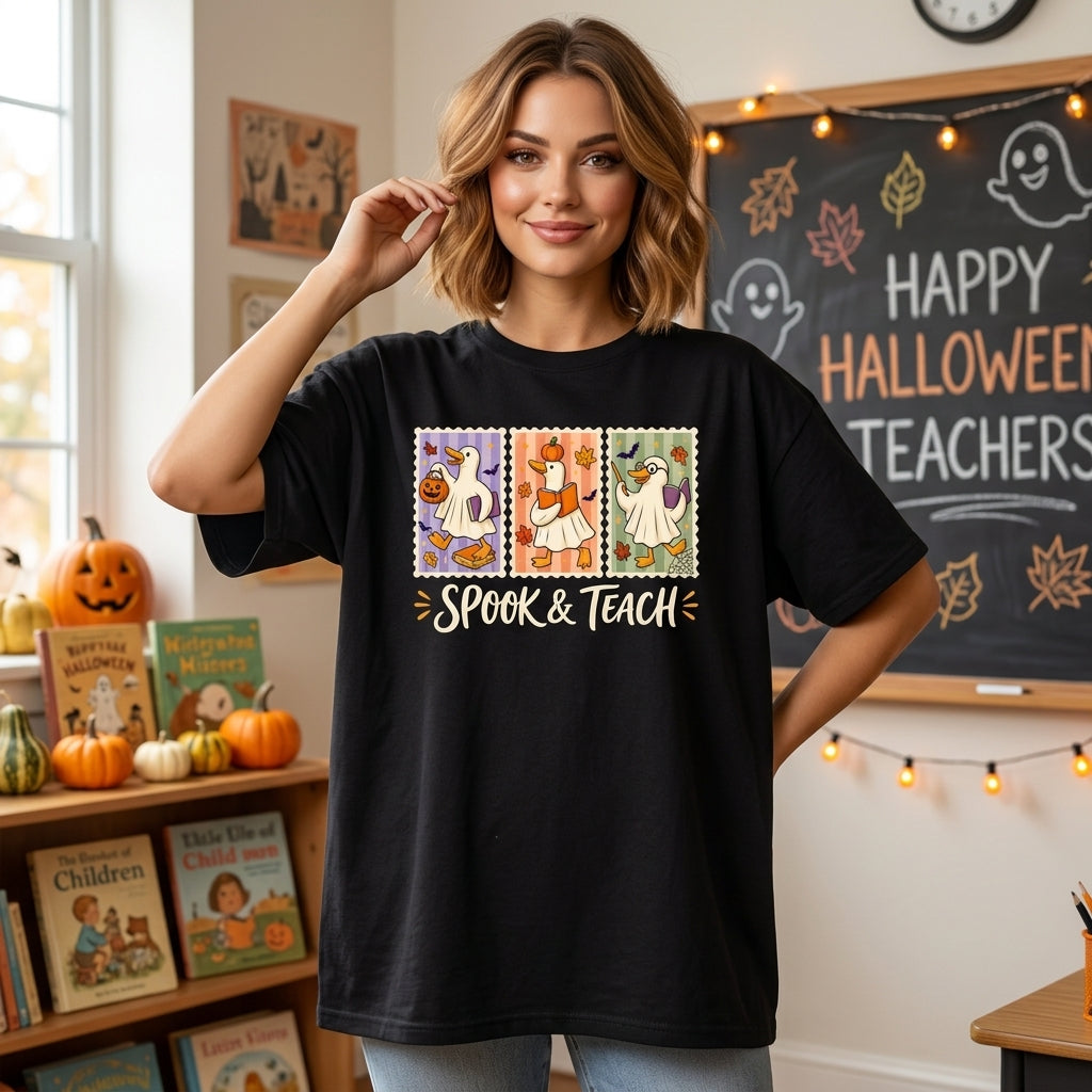 Spook & Teach Cute Ghost Duck Teacher T-shirt Sweatshirt Hoodie for Halloween - mockup 1