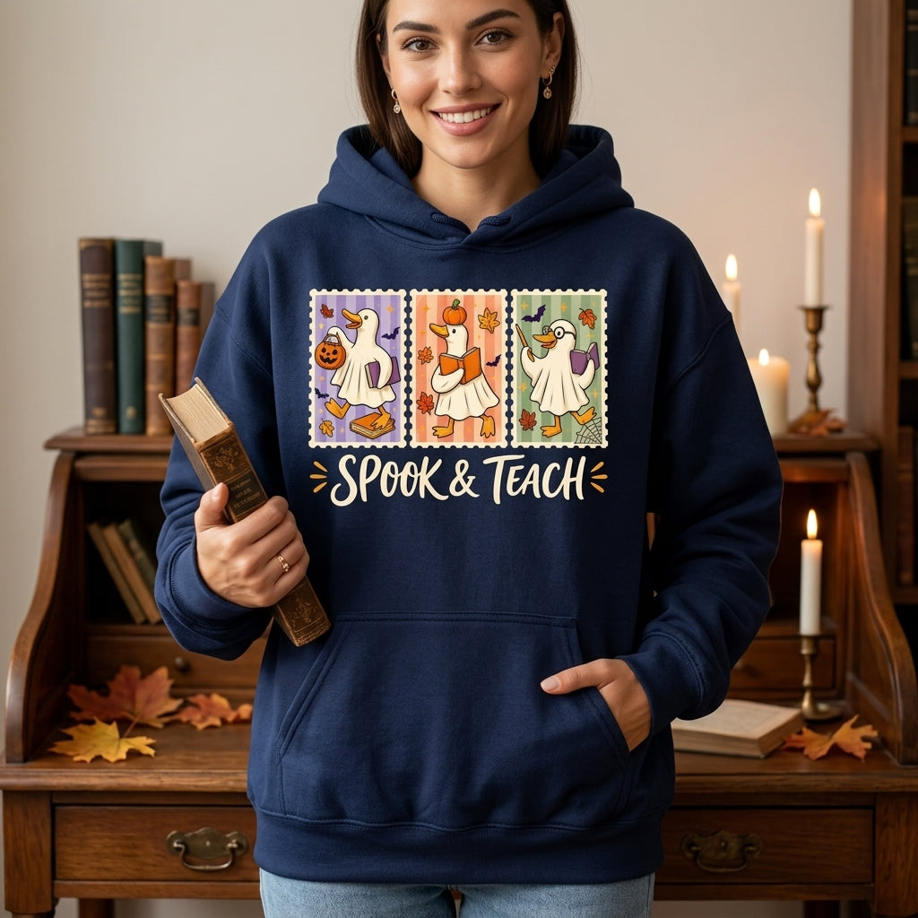 Spook & Teach Cute Ghost Duck Teacher T-shirt Sweatshirt Hoodie for Halloween - mockup 3