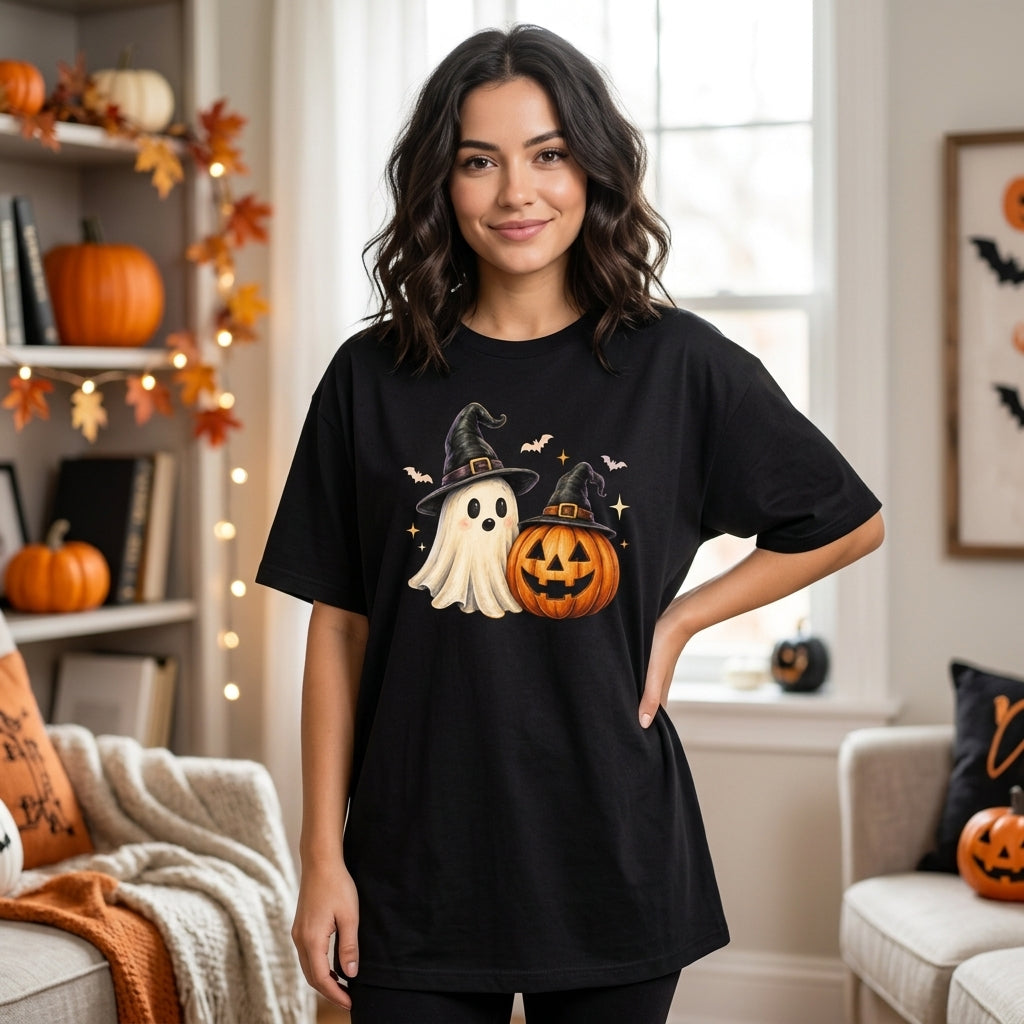 Spooky Ghost and Pumpkin Witch Hat Halloween T-shirt Sweatshirt Hoodie – Cute Spooky Season Gift - mockup 1