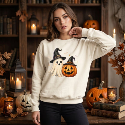 Spooky Ghost and Pumpkin Witch Hat Halloween T-shirt Sweatshirt Hoodie – Cute Spooky Season Gift - mockup 2