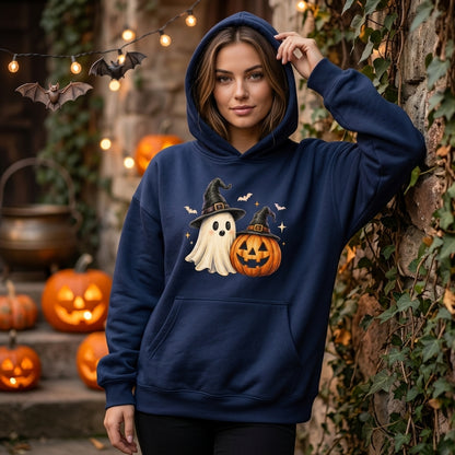 Spooky Ghost and Pumpkin Witch Hat Halloween T-shirt Sweatshirt Hoodie – Cute Spooky Season Gift - mockup 3