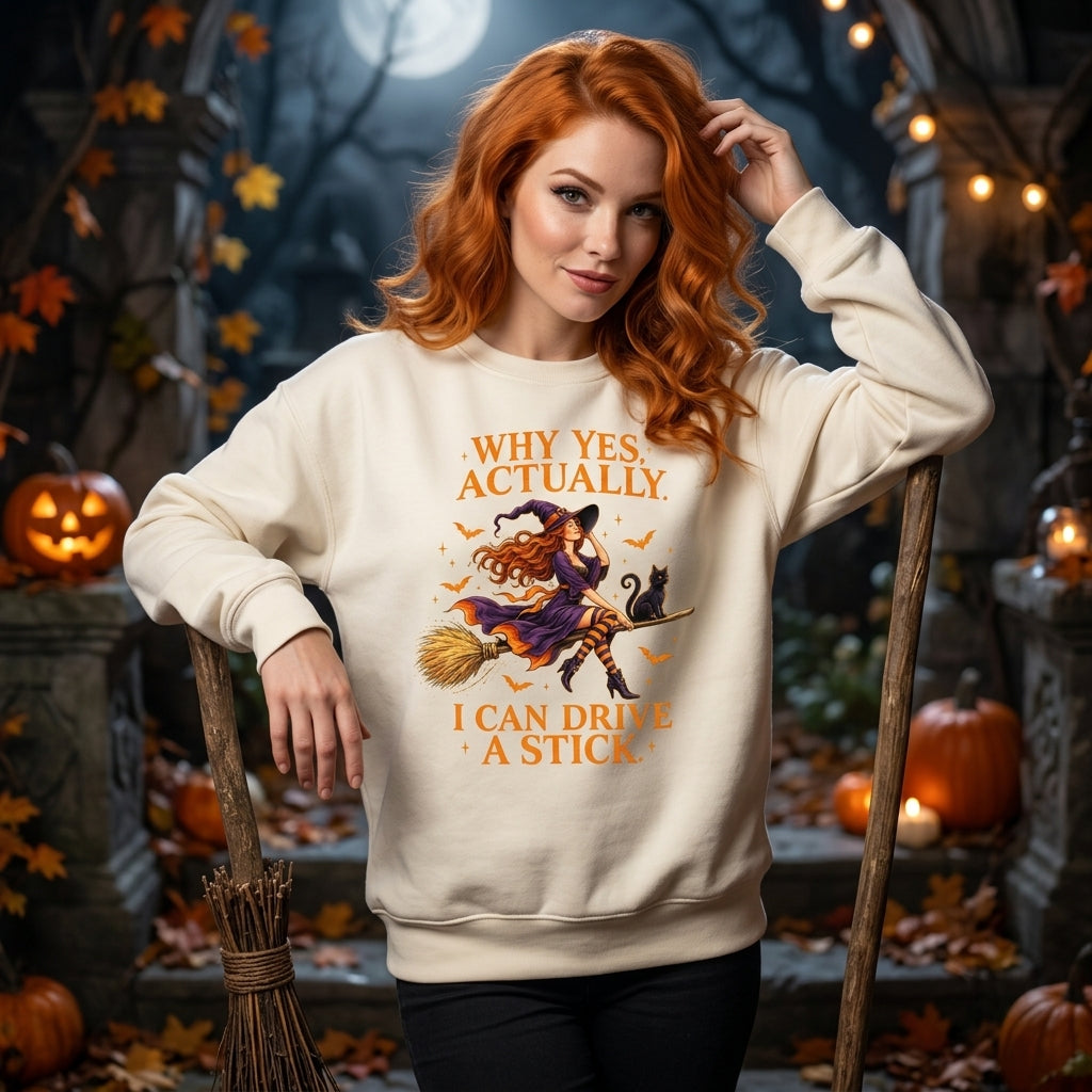 Why Yes Actually I Can Drive A Stick Witch T-shirt Sweatshirt Hoodie – Funny Women's Halloween Shirt - mockup 2