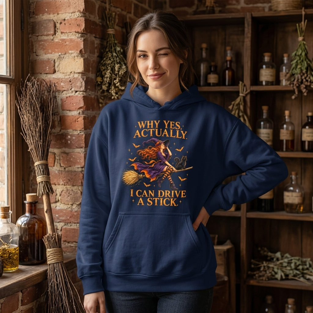 Why Yes Actually I Can Drive A Stick Witch T-shirt Sweatshirt Hoodie – Funny Women's Halloween Shirt - mockup 3