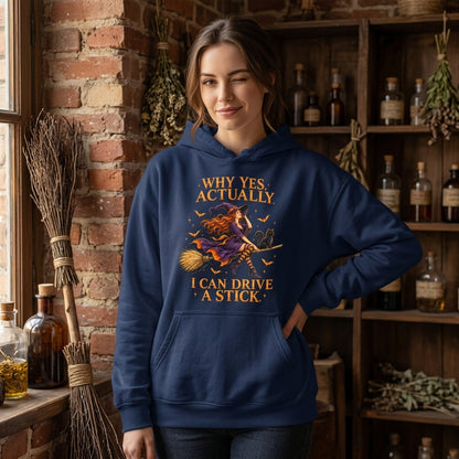 Why Yes Actually I Can Drive A Stick Witch T-shirt Sweatshirt Hoodie – Funny Women's Halloween Shirt - mockup 3