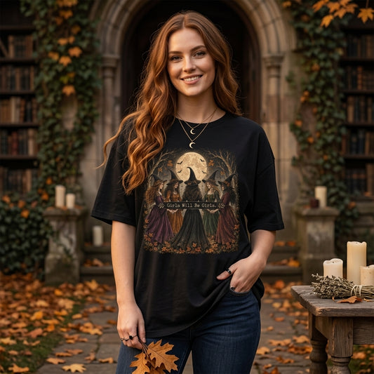 Vintage Girls Will Be Girls Witch T-shirt Sweatshirt Hoodie – Fall Halloween Gift - mockup 1