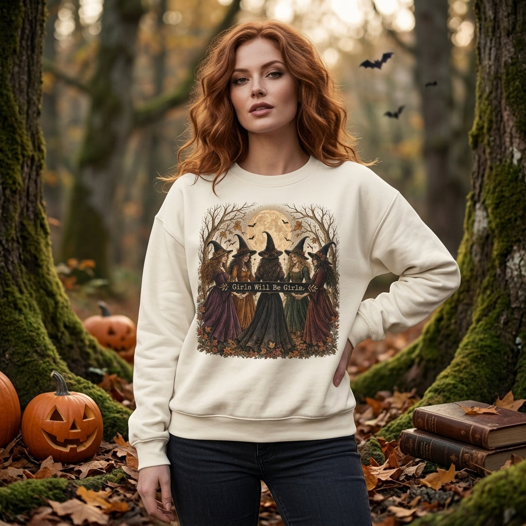 Vintage Girls Will Be Girls Witch T-shirt Sweatshirt Hoodie – Fall Halloween Gift - mockup 2