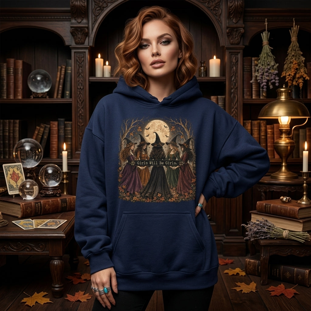 Vintage Girls Will Be Girls Witch T-shirt Sweatshirt Hoodie – Fall Halloween Gift - mockup 3