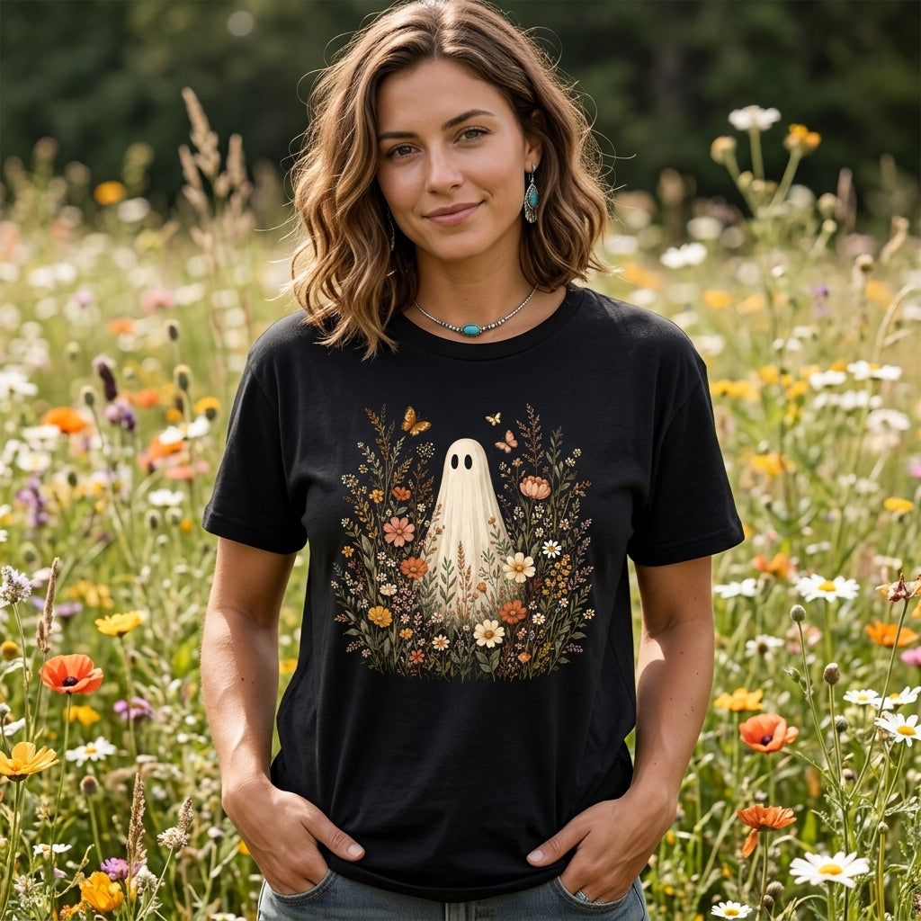 Wildflowers Ghost Shirt Botanical Floral Spooky Season T-shirt Sweatshirt Hoodie for Fall - mockup 1