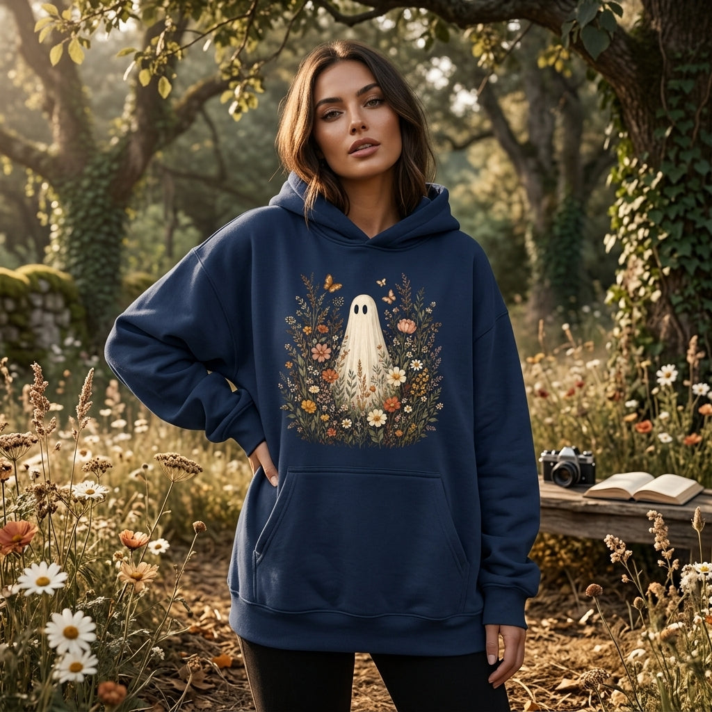 Wildflowers Ghost Shirt Botanical Floral Spooky Season T-shirt Sweatshirt Hoodie for Fall - mockup 3