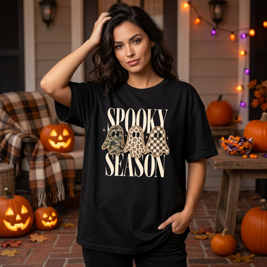 Spooky Season Sweatshirt with Leopard and Camo Ghosts – Halloween T-shirt Sweatshirt Hoodie - mockup 1