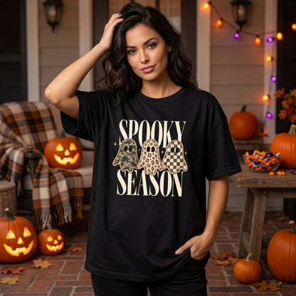 Spooky Season Sweatshirt with Leopard and Camo Ghosts – Halloween T-shirt Sweatshirt Hoodie - mockup 1