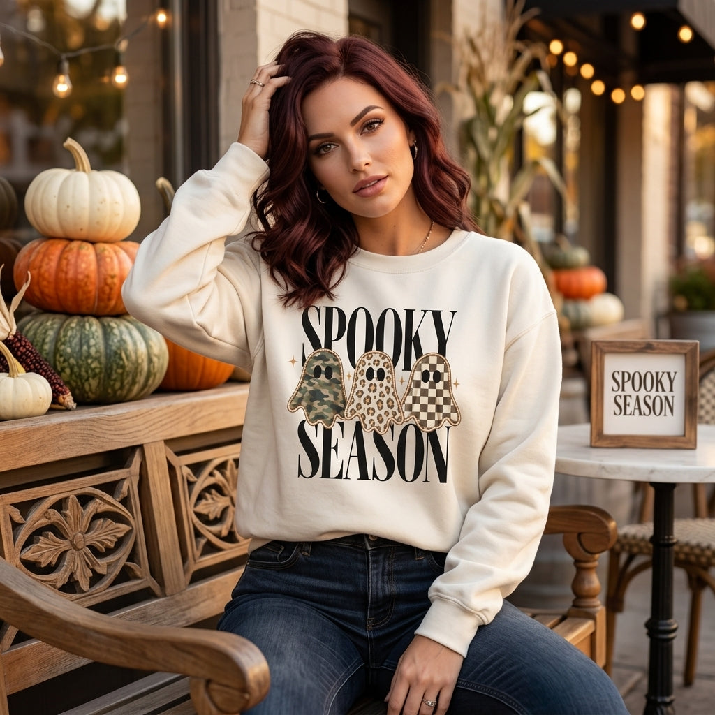 Spooky Season Sweatshirt with Leopard and Camo Ghosts – Halloween T-shirt Sweatshirt Hoodie - mockup 2