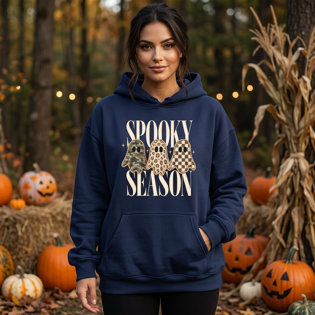 Spooky Season Sweatshirt with Leopard and Camo Ghosts – Halloween T-shirt Sweatshirt Hoodie - mockup 3