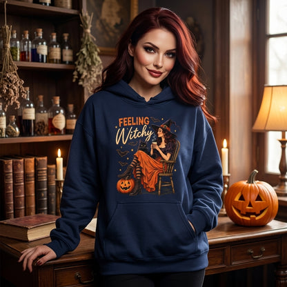 Feeling Witchy Vintage Illustration T-shirt Sweatshirt Hoodie – Retro Halloween Witch Gift - mockup 3