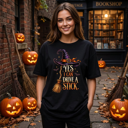 Yes I Can Drive A Stick Witch T-shirt Sweatshirt Hoodie – Funny Halloween Gift for Women - mockup 1