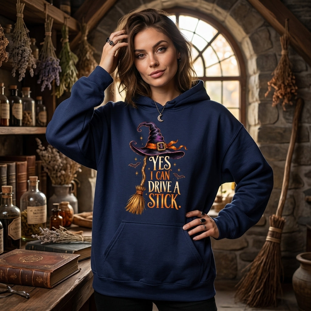 Yes I Can Drive A Stick Witch T-shirt Sweatshirt Hoodie – Funny Halloween Gift for Women - mockup 3