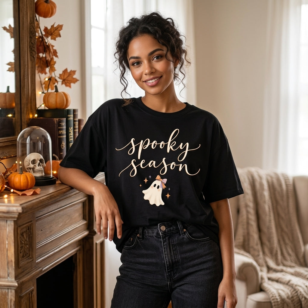 Spooky Season Cute Ghost with Bow Halloween T-shirt Sweatshirt Hoodie – Fall Gift for Her - mockup 1