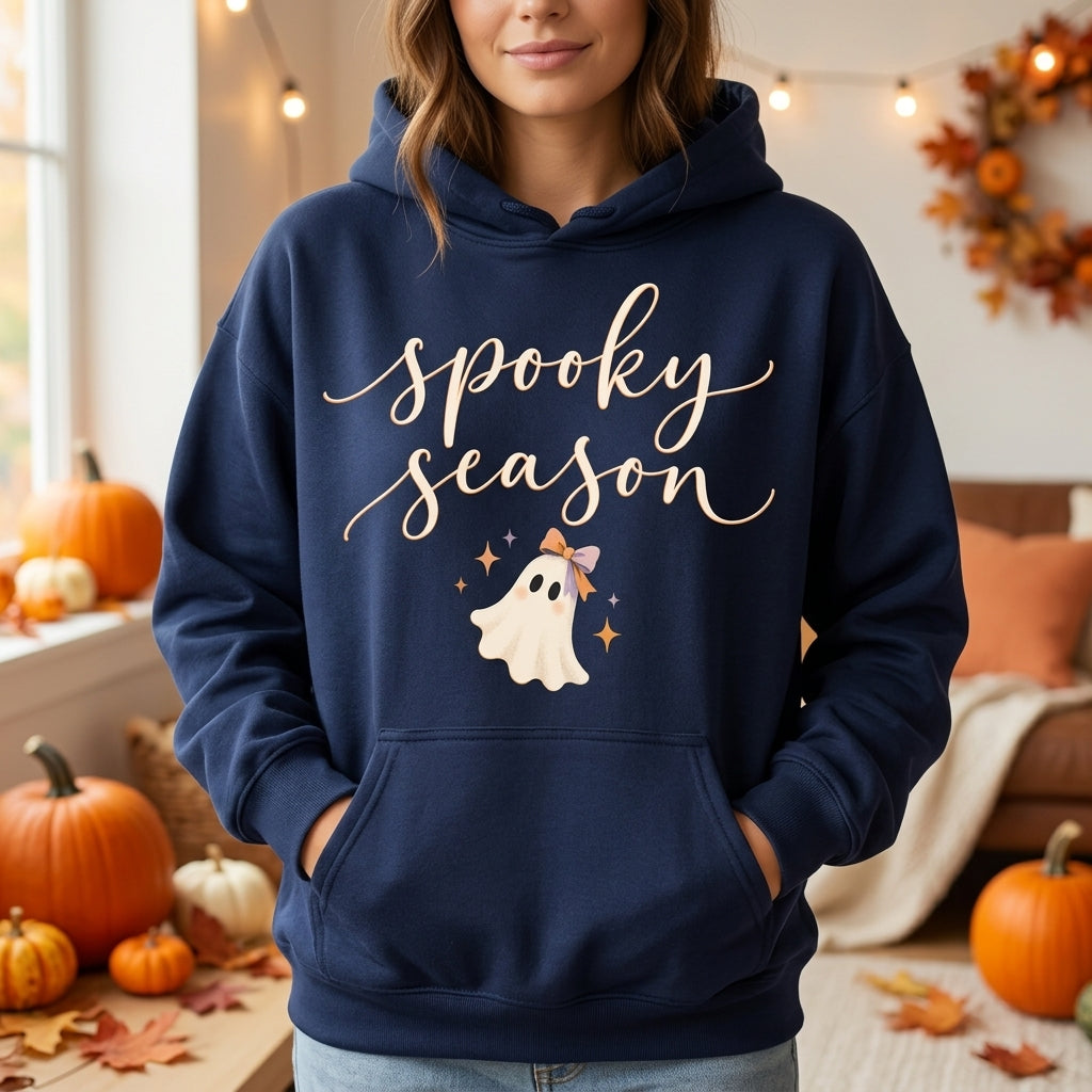 Spooky Season Cute Ghost with Bow Halloween T-shirt Sweatshirt Hoodie – Fall Gift for Her - mockup 3