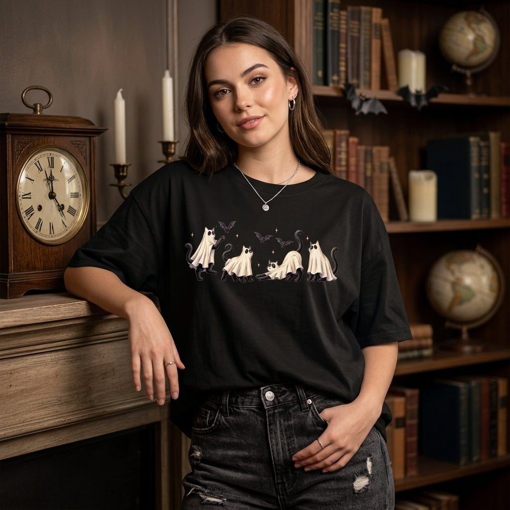 Halloween Ghost Cat Sweatshirt T-shirt Hoodie – Funny Spooky Feline Apparel - mockup 1