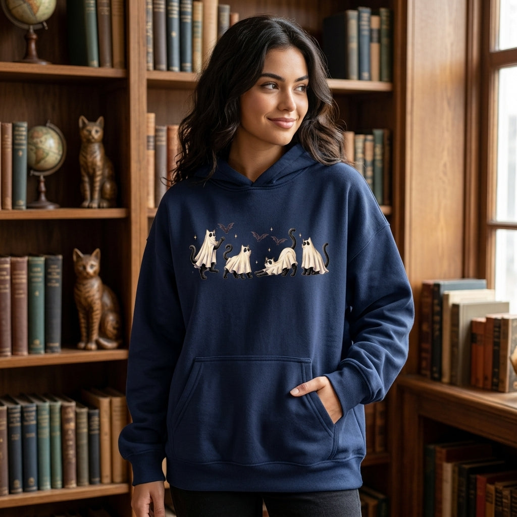 Halloween Ghost Cat Sweatshirt T-shirt Hoodie – Funny Spooky Feline Apparel - mockup 3