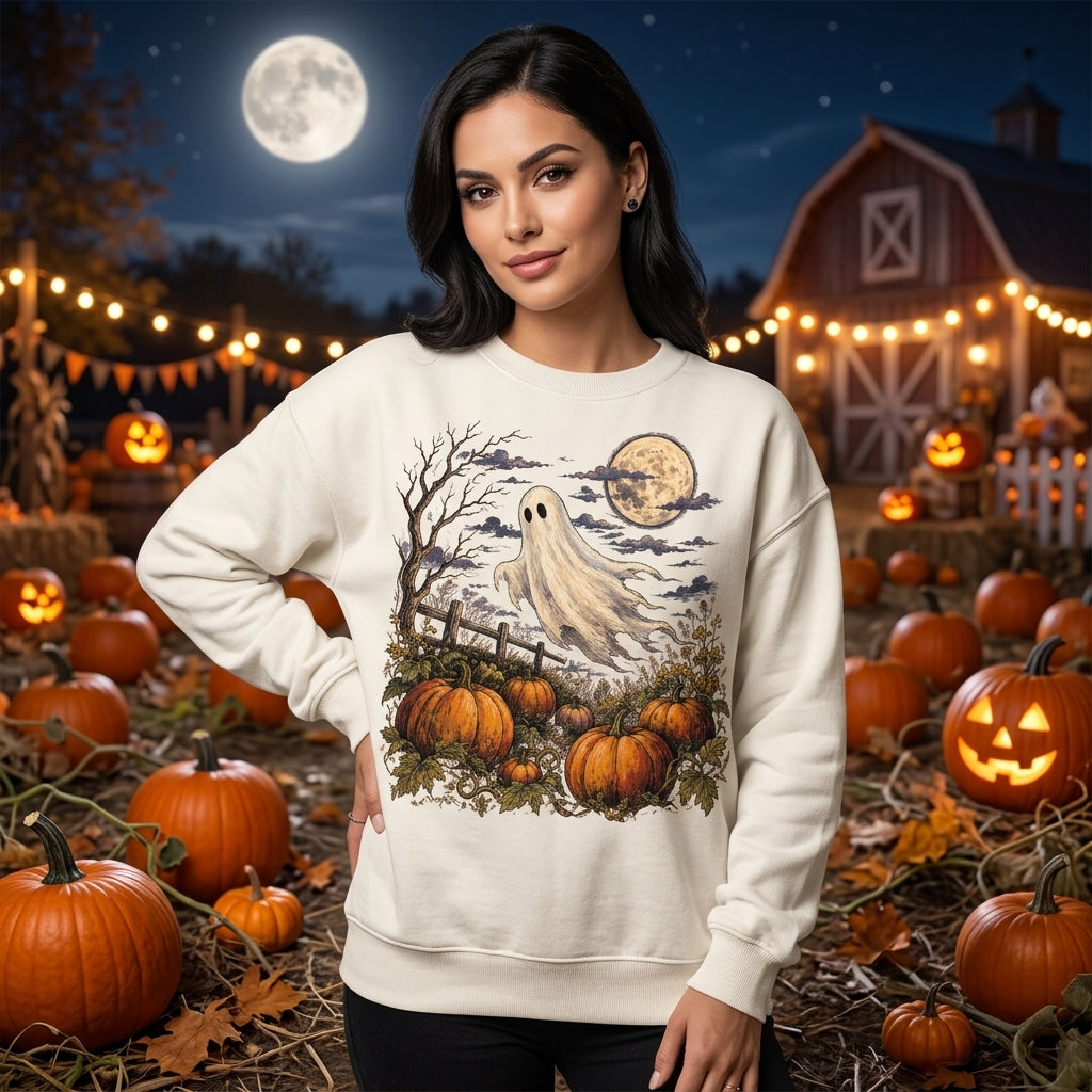 Vintage Ghost in Pumpkin Patch Spooky Season T-shirt Sweatshirt Hoodie for Men & Women - mockup 2