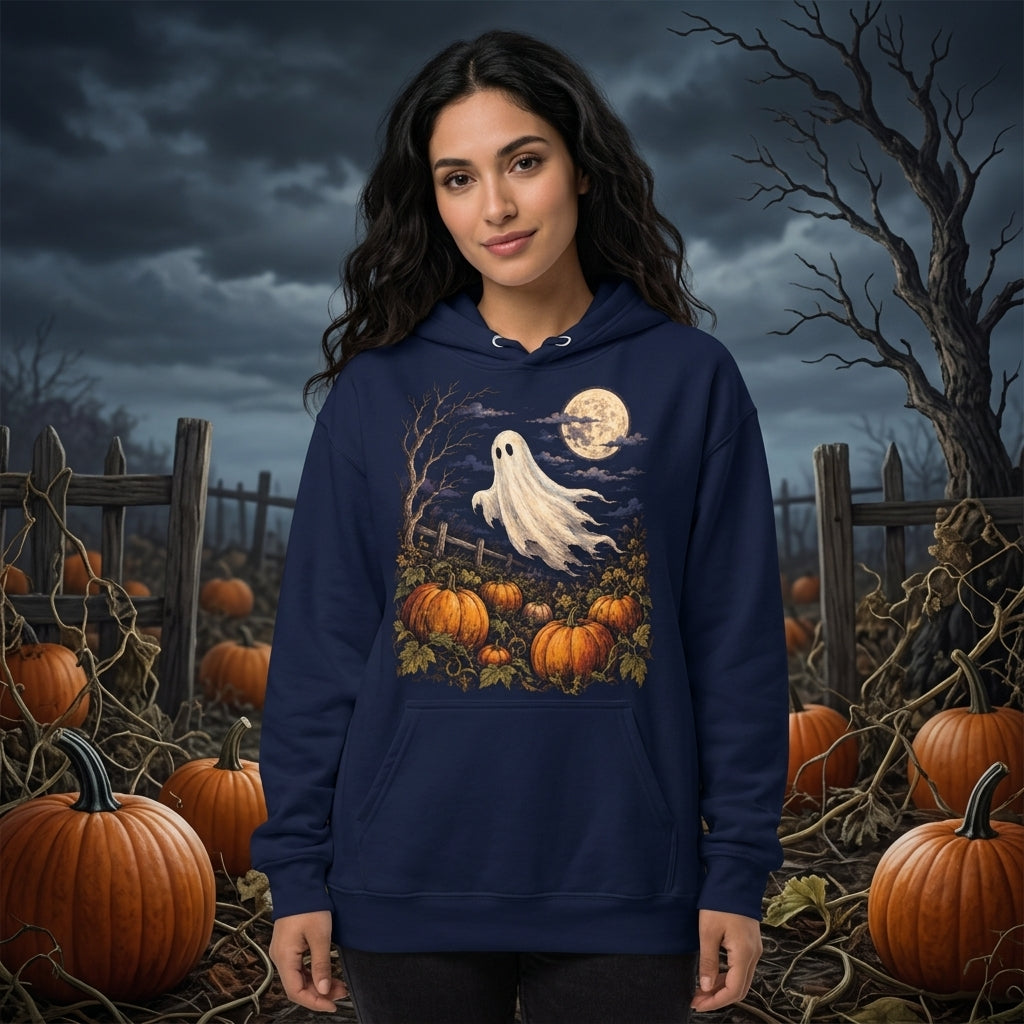 Vintage Ghost in Pumpkin Patch Spooky Season T-shirt Sweatshirt Hoodie for Men & Women - mockup 3