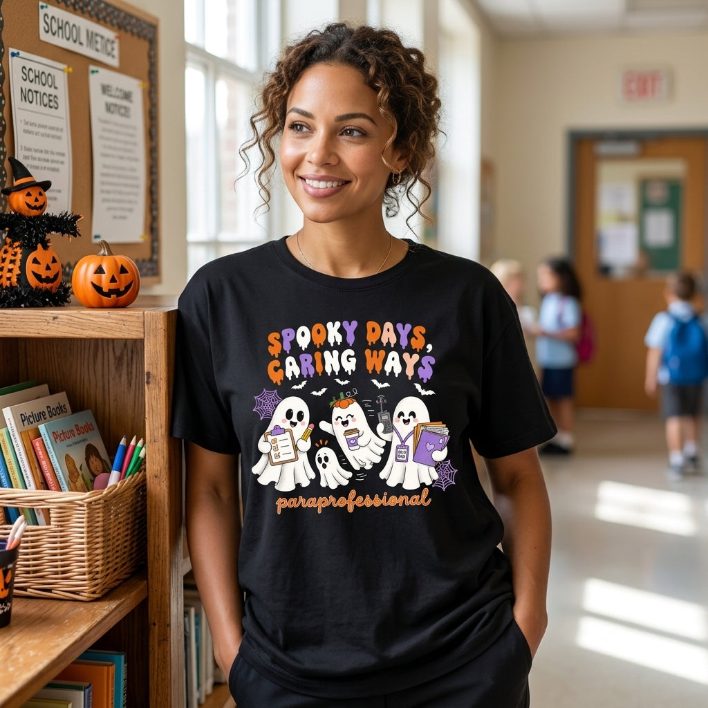 Spooky Days Caring Ways Paraprofessional T-shirt Sweatshirt Hoodie – Halloween Teacher Gift - mockup 1