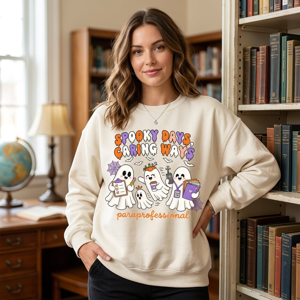 Spooky Days Caring Ways Paraprofessional T-shirt Sweatshirt Hoodie – Halloween Teacher Gift - mockup 2