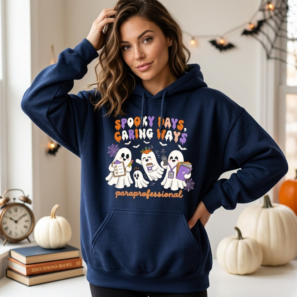 Spooky Days Caring Ways Paraprofessional T-shirt Sweatshirt Hoodie – Halloween Teacher Gift - mockup 3