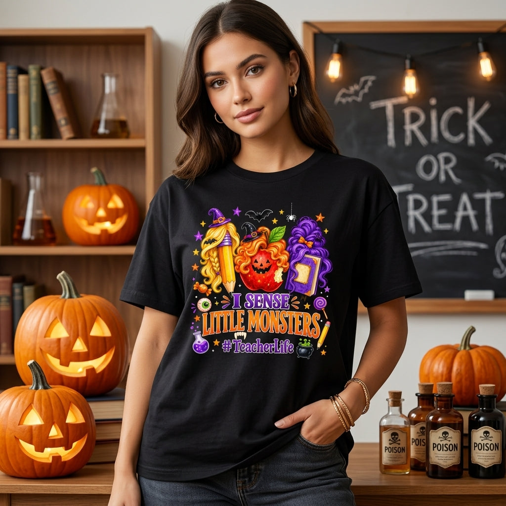 I Sense Little Monsters Teacher Halloween T-shirt Sweatshirt Hoodie - Teacher Life Gift - mockup 1