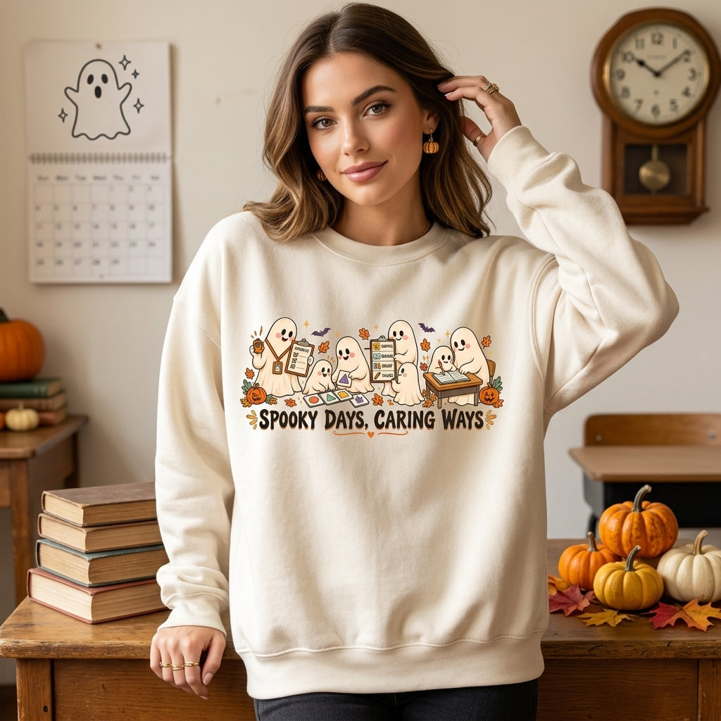 Spooky Days Caring Ways Paraprofessional Halloween T-shirt Sweatshirt Hoodie – Para Gift - mockup 2