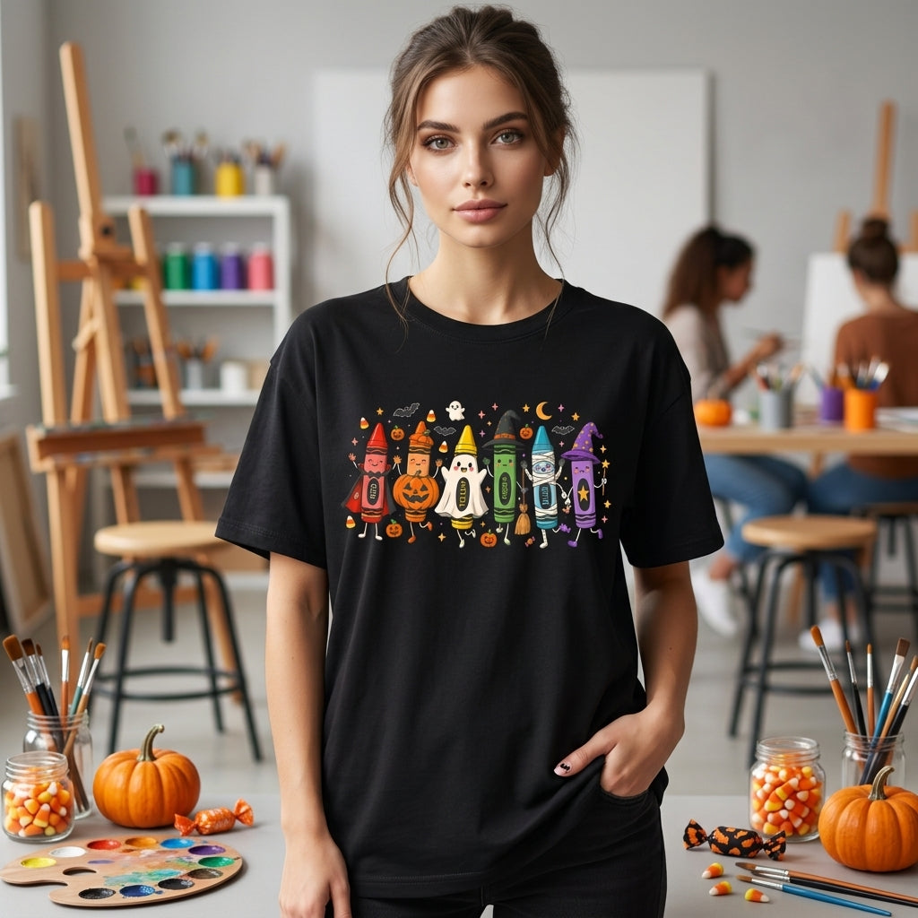 Crayons in Costumes Halloween Teacher T-shirt Sweatshirt Hoodie - Cute Elementary School Spooky Gift - mockup 1