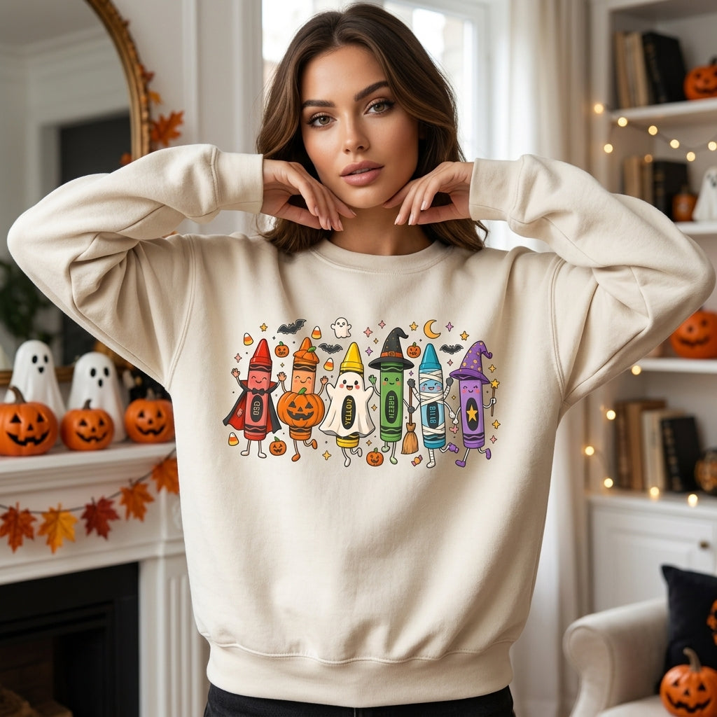 Crayons in Costumes Halloween Teacher T-shirt Sweatshirt Hoodie - Cute Elementary School Spooky Gift - mockup 2