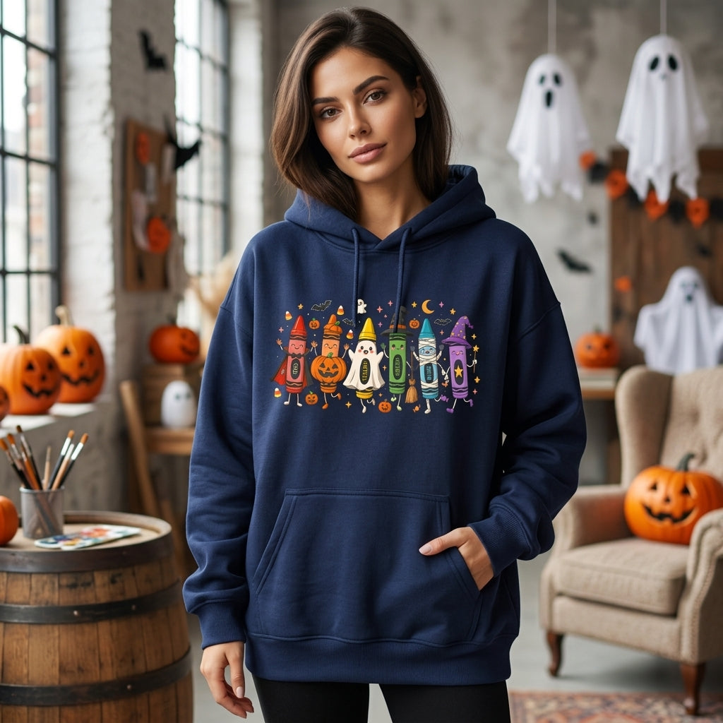 Crayons in Costumes Halloween Teacher T-shirt Sweatshirt Hoodie - Cute Elementary School Spooky Gift - mockup 3