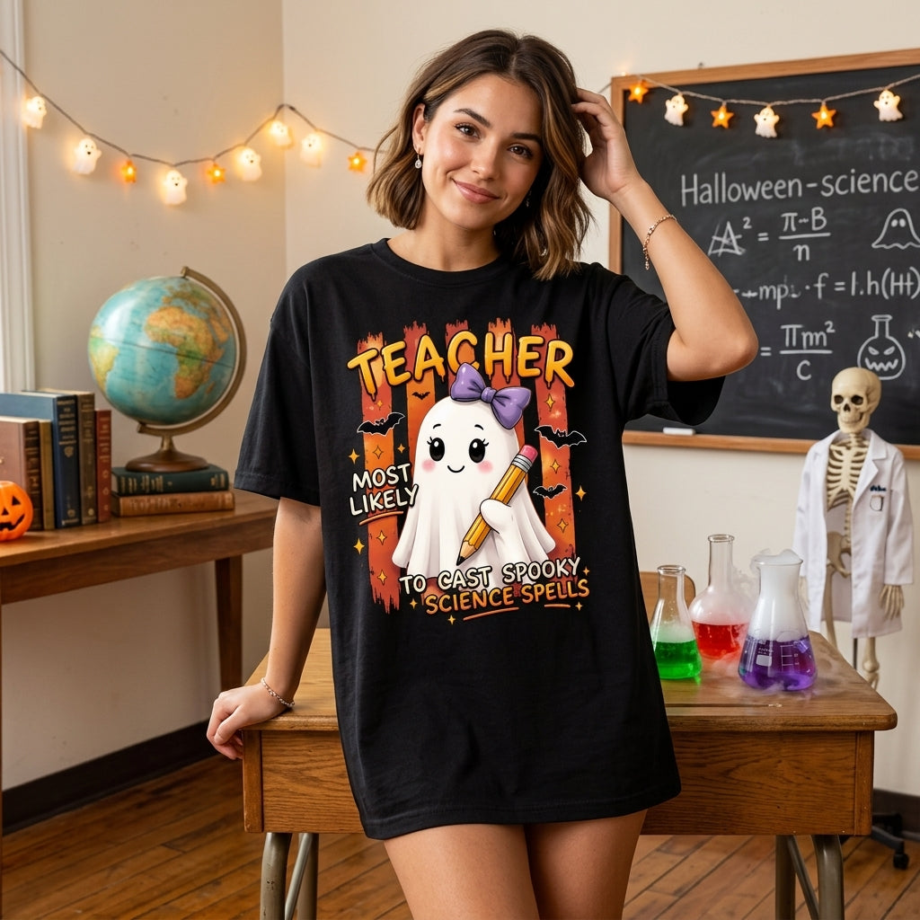 Science Teacher Most Likely To Cast Spooky Spells Halloween T-shirt Sweatshirt Hoodie - mockup 1