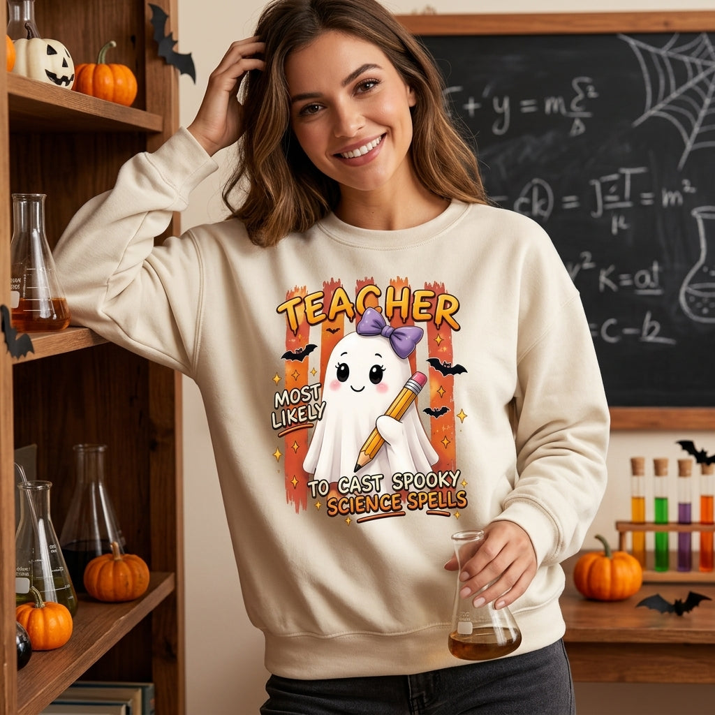 Science Teacher Most Likely To Cast Spooky Spells Halloween T-shirt Sweatshirt Hoodie - mockup 2