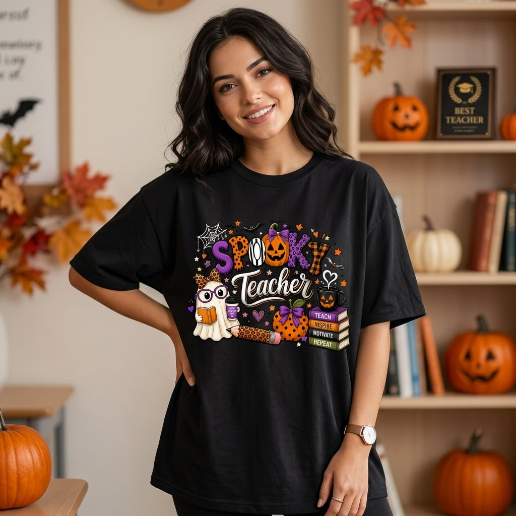 Spooky Teacher Halloween T-Shirt Sweatshirt Hoodie – Cute Ghost and Pumpkin School Tee - mockup 1