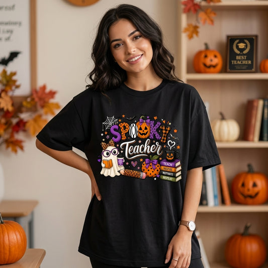 Spooky Teacher Halloween T-Shirt Sweatshirt Hoodie – Cute Ghost and Pumpkin School Tee - mockup 1
