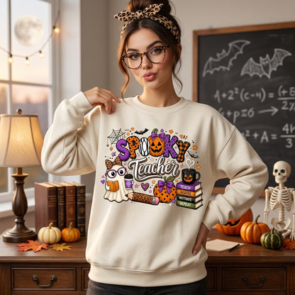 Spooky Teacher Halloween T-Shirt Sweatshirt Hoodie – Cute Ghost and Pumpkin School Tee - mockup 2