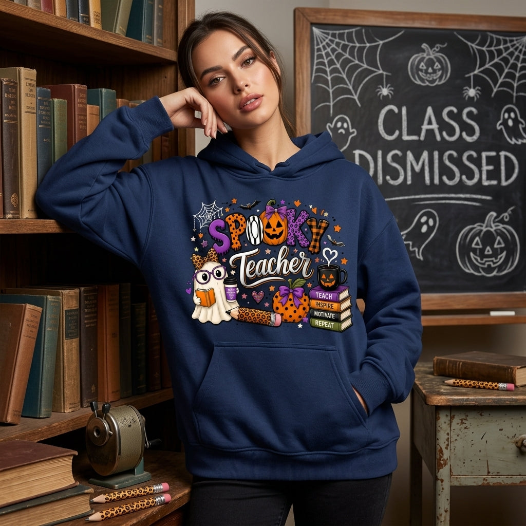 Spooky Teacher Halloween T-Shirt Sweatshirt Hoodie – Cute Ghost and Pumpkin School Tee - mockup 3