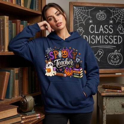 Spooky Teacher Halloween T-Shirt Sweatshirt Hoodie – Cute Ghost and Pumpkin School Tee - mockup 3